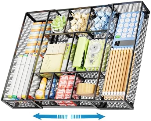 Marbrasse Expandable Desk Drawer Organizer, Mesh Drawer Organizer Tray with 10 Adjustable Compartments, Desk Organizers and Accessories, 5 Dividers Drawer for Office Supplies, Makeup & Vanity (Black) by Marbrasse