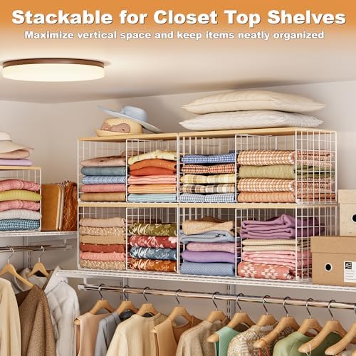 2 Pack Stackable Closet Organizers and Storage, 4 Cube Closet Shelves with Wood Top Board for Extra Clothes Storage, Small Metal Closet Shelf Organizer Bins Baskets for Sweater Sweatshirt Jeans, White - Image 6
