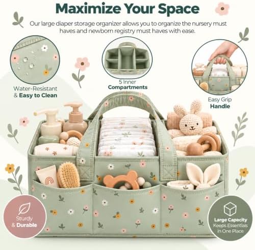 PeraBella Baby Diaper Caddy Organizer, Floral Baby Basket Shower Gift, Nursery Organizer Basket Newborn Boy & Girl Essential Items, Changing Table Organizer Caddy for Baby Stuff, Car Caddy- Sage Green - Image 5