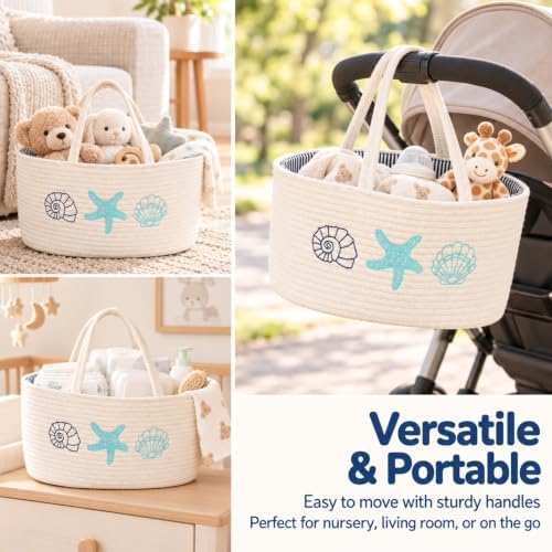 Sea Embroidered Baby Diaper Caddy Organizer, Cotton Woven Rope, Portable Nursery Storage Basket with Changeable Compartments - Image 5