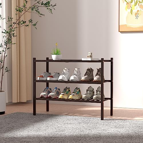 ROMGUAR CRAFT 3 Tier Bamboo Shoe Rack for Closet Free Standing Wood Shoe Shelf for Entryway Small Space Stackable 27"x11"x20" (Brown) - Image 2