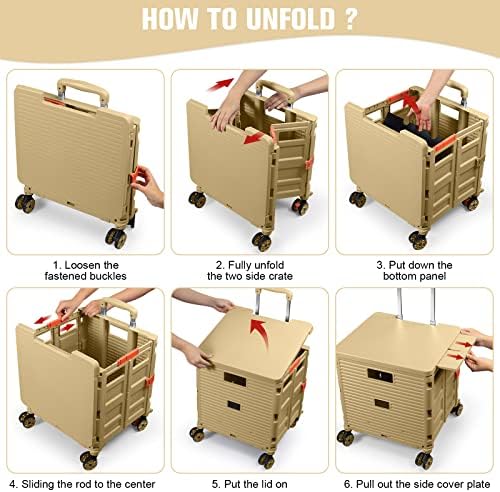 Rolling Shopping Cart with Wheels,Folding Utility Cart for Grocery,Durable Heavy Duty Collapsible Crate Rubber Tool Box with Magnetic Lid/Telescopic Cover for Office/Teachers Tote Basket/Travel - Image 4