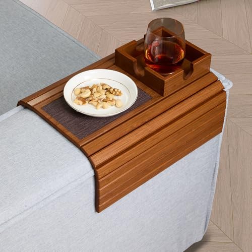 Detor Couch Cup Holder Tray with Super Anti-Slip Pad, Large 4.5" x 4.5" Organizer, Acacia-Stained Bamboo Finish, Enhanced Non-Slip Felt Base, Durable Bamboo Slats, Fits Armrests 5.5" and Wider - Image 2