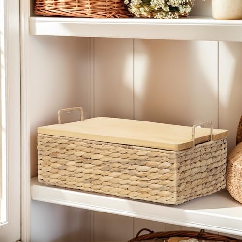 Handmade Water Hyacinth Wicker Baskets with Wooden Lid (Small) - Image 3