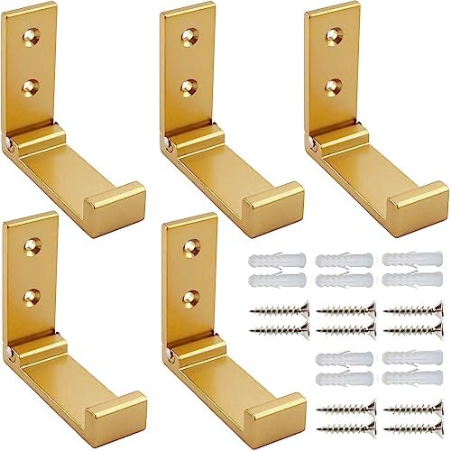 ZEYU Folding Coat Hooks, 5Pcs Wall Hooks for Hanging Coat Towel Hooks Hardware Heavy Duty Aluminum Alloy Headphone Holder Hooks No Rust Wall Mounted with Screws for Hat Bags Fitness Equipment Golden by ZEYU