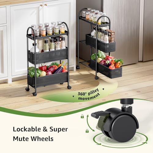 KINGRACK 3 Tier Slim Rolling Cart with Drawer, Metal Utility Storage Cart - Image 5