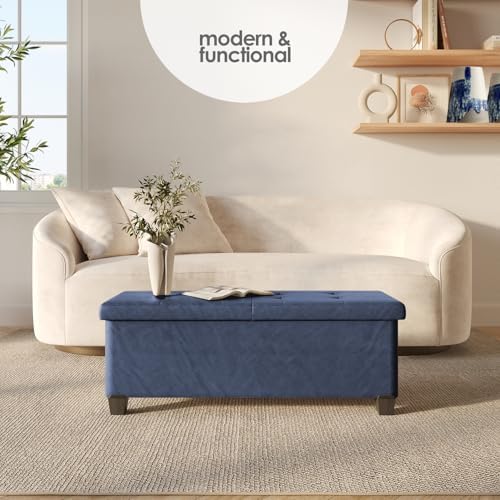 Storage Ottoman Bench with Bins, 43-in Storage Bench for Bedroom End of Bed, Folding Foot Rest Ottoman for Living Room Max 660lbs, Leather Ottomans, Blue - Image 2