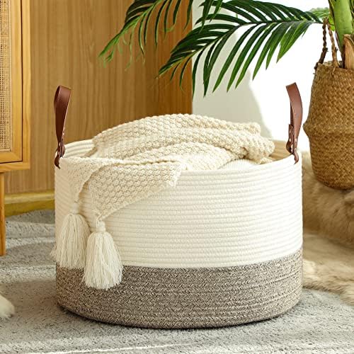 KAKAMAY Large Blanket Basket (20"x13"),Woven Baskets for storage Baby Laundry Hamper,Cotton Rope Blanket Basket for Living Room, Laundry, Nursery, Pillows, Baby Toy chest (White/Beige) - Image 2