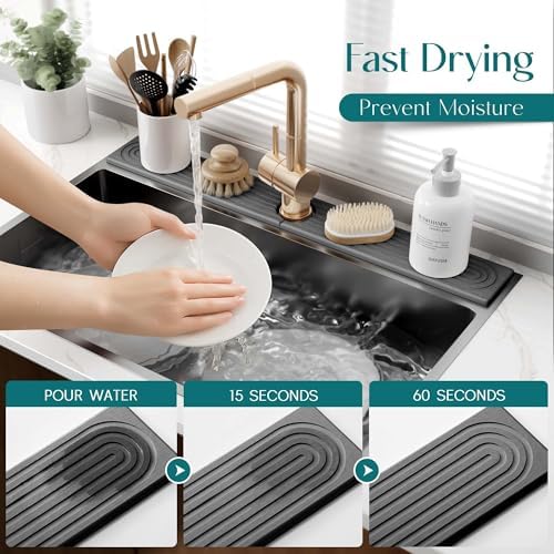 eormoe 30 inch Kitchen Faucet Absorbent Mat - Diatomaceous Earth Splash Guard for Sink Faucet, Aesthetic Water Absorbing Stone Tray in The Modern Home (30" x 3.9", Dark grey) - Image 3