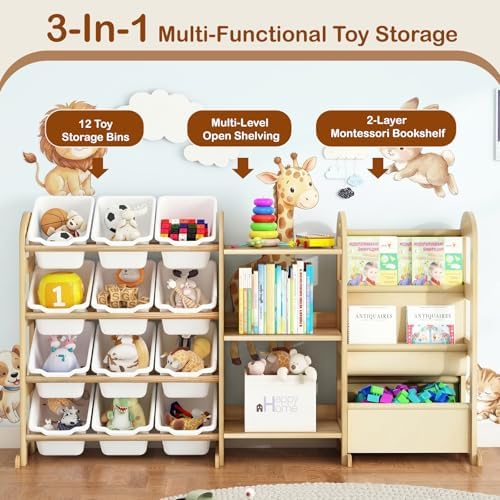 Toy Storage Organizer with 3 Shelves &12 White Bins, Kids Bin Bookshelf | 2-Tier Bookshelf/Bookcase with Storage Box, Toys Box for Bedroom, Playroom, Organization Room Decor - Image 6