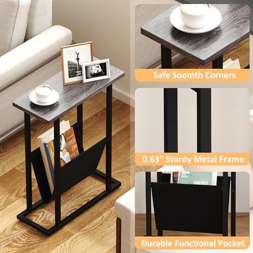 Yusong Narrow Side Table for Small Spaces, Small End Table with Magazine Holder, Skinny Slim Little Thin Table for Living Room, Bedroom, Sofa, Grey Oak - Image 6