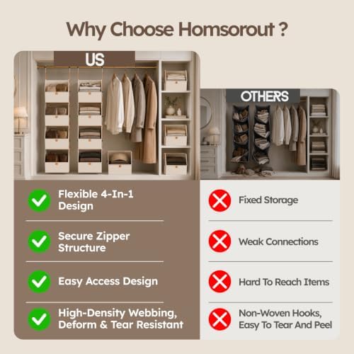 Homsorout Hanging Closet Organizer 4 Tier - Clothes Hanging Shelves, Space-Saving Closet System, Fabric Storage Bins Bedroom Organization, Collapsible Baskets for Home, Dorm, Rv, Beige - Image 3