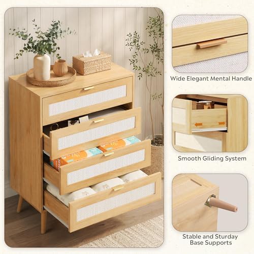 4-Drawer Rattan Tall TV Stand, Wooden TV Console - Image 7