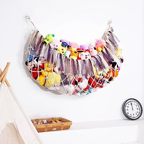 Large Stuffed Animal Net or Hammock with Light Wall Hanging Organizer for Kid Room Toy Storage Net Bedroom Playroom Plush Toy Holder-Cream - Image 2