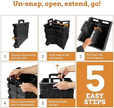 Inspired Living Collapsible Ultra-Slim Pack-N-Roll, 2 Wheel Utility Cart , With Telescopic Handle - Super Strong up to 80 Lbs Load Capacity, Black - Image 6