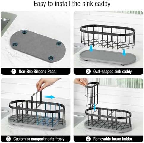 Sink Caddy Sponge Holder for Kitchen with Stone Drying Mat & Brush Holder - Image 5
