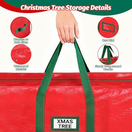 StorageRight Christmas Tree Bag & Ornament Storage Box Set, Water-Resistant 7.5 Ft Tree Storage & 64-Compartment Organizer with Dividers, Tag Pockets & Handles, Heavy-Duty Xmas Decor Containers, Red - Image 6