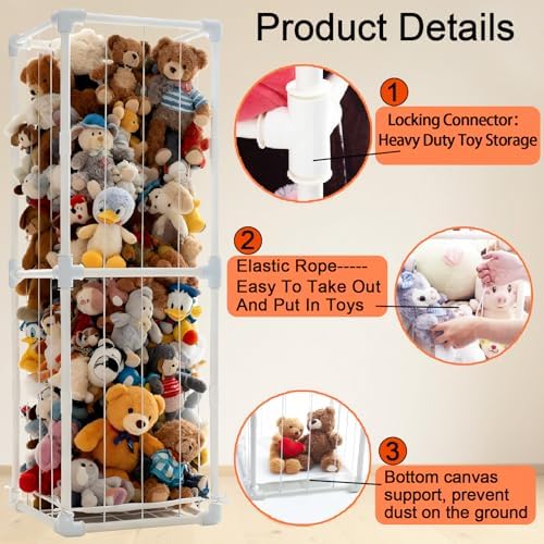 Stuffed Animal Storage Organizer, 58" Extra Large Zoo Cage for 80+ Plushies, Upgraded Quick-Lock Vertical Toy Holder for Kids Room & Playroom (White) - Image 2