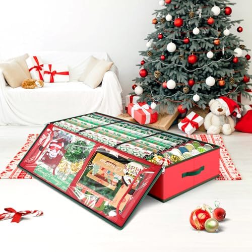 Fabspace Christmas Wrapping Paper Storage Containers, 40 Inch Gift Wrap Organizer, Visible Supplies Pockets for Xmas Accessories, Underbed Storage for Christmas Decorations, Red - Image 6