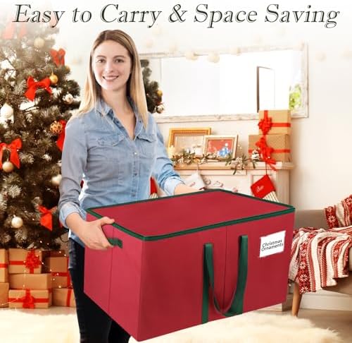 RoomHacks Christmas Ornament Storage Box, Store Up to 128 Ornaments, Durable Christmas Storage Container, Dual Zipper & Adjustable, Large Organizer Bin to Protect and Store Holiday Ornaments(Red) - Image 6