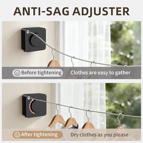 Anti-Sag Retractable Clothesline 40LB Capacity - 201in Stainless Steel Laundry Line for Indoor Outdoor, Wall Mounted Space Saving Easy Install (Black, with Pole) - Image 5