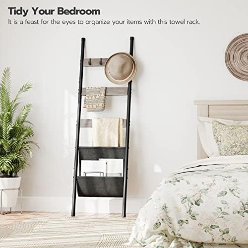 HOOBRO Blanket Ladder, 5 Tier Towel Rack, 17.3" L x 63" H, Wall-Leaning Blanket Rack for Living Room, Decorative Ladder with 4 Hooks and Magazine Pocket, Greige BG32CJ01 - Image 6