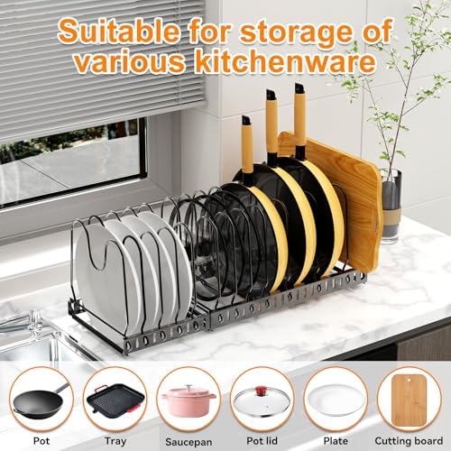 Pot and Pan Organizer Rack for Cabinet, 3 Expandable Pot Lid Organizer Holder with 12 Adjustable Compartment for Kitchen Cutting Board, Pan Lid, Cabinet Cookware Baking - Image 5