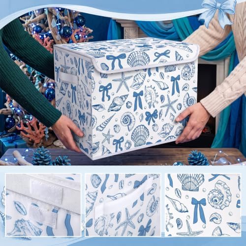 Briwooody Beach Storage Bin with Lid and Carrying Handle Coastal Blue Bow Seashell Foldable Storage Box Summer Bachelorette Party Decorative Collapsible Container Basket for Closet Home Bedroom Gift - Image 5