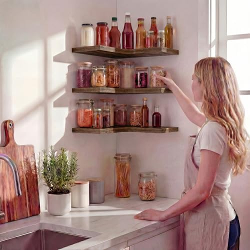 Corner Floating Shelves for Wall Mounted L-Shaped Wood Corner Wall Shelf, Hanging Shelf for Bathroom, Bedroom, Kitchen, Living Room, Office, Home Decor, Set of 3 (Brown) - Image 5