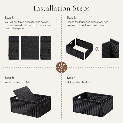 UBBCARE 3 Pack Wicker Basket, 13.4L×8.3H×7.1W inch Woven Paper Rope Storage Baskets for Shelves, Foldable Rectangular Storage Baskets with Handle, Storage Basket for Organizing, Black - Image 2