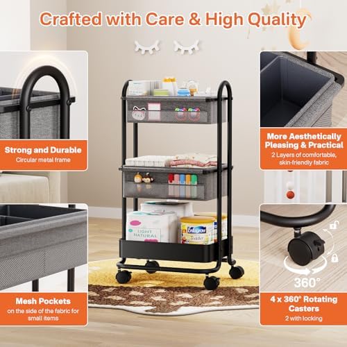 Modanais Baby Diaper Caddy Organizer Cart - 3 Tier Rolling Cart, Black - Image 3