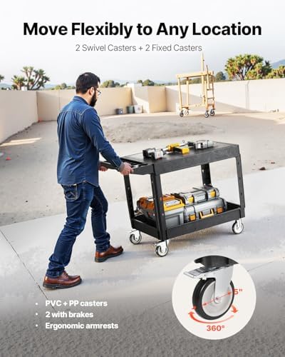 VEVOR Utility Cart, 550 lbs Load Capacity, 37 x 25.4-inch Service Cart, Two-Shelf Heavy Duty Plastic Utility Cart with 360° Swivel Wheels (2 with Brakes), Suitable for Warehouse, Garage, Cleaning - Image 4