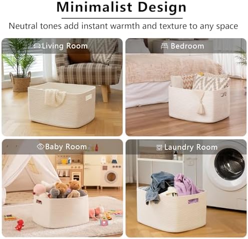 OIAHOMY 75L Large Blanket Basket Woven Storage Basket with Handle White - Image 6