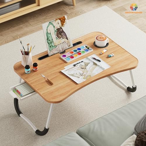 Lap Desk Bed Trays for Eating and Laptops Breakfast in Bed Tray for Sofa/Couch/Study/Reading/Writing with Cup Holder/Drawer On Low Sitting Floor Large Portable Foldable (Walnut Beige) - Image 5