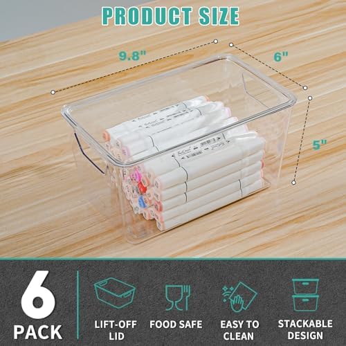 6 Pack Medium Clear Storage Bins with Lids, Plastic Arts and Craft Storage Containers, Stackable Clear Plastic Craft Storage Bins with Handles for Classroom Storage Organization,Kitchen, Fridge,Office - Image 2