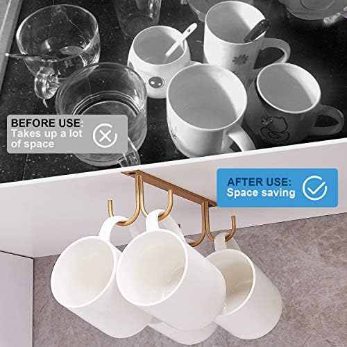 FOMANSH Mug Rack Under Cabinet - Coffee Cup Holder, 8 Mugs Hooks Under Shelf, Display Hanging Cups Drying Hook for Bar Kitchen Utensils Gold - Image 2