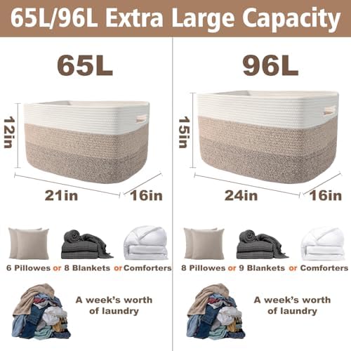 JMvicyroam 96L Large Woven Cotton Rope Blanket Basket, White&Brown - Image 3