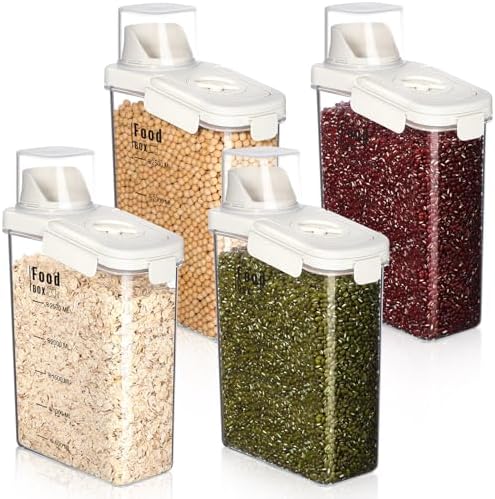 Blushtier 4 PCS Cereal Containers Storage 2.5L Airtight Large Dry Food Containers with Pouring Spout Cereal Storage Dispenser Measuring Cup for Flour and Baking Supplies, White by Blushtier