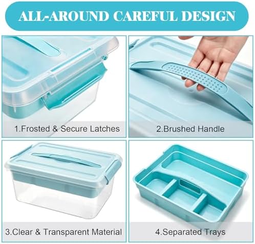 Yesland Stack & Carry Box with Removable Tray, 16 x 11 x 6.5 Inch Plastic Art Supply Storage Organizer Craft Storage Containers with Handle, Portable Organizer Bin for Stationery Sewing Jewelry, Blue - Image 4