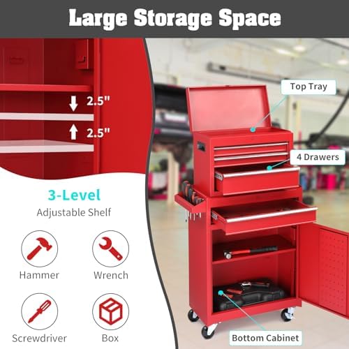 Winado 4-Drawer Rolling Tool Chest, 2-in-1 Large Storage Toolbox, Red - Image 2