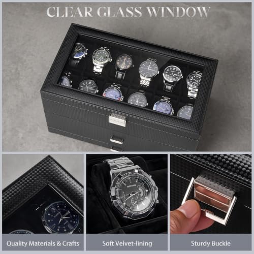 ProCase 3-Layer Watch Box with Glass Lid for Men, 24-Slot, Allblack - Image 5