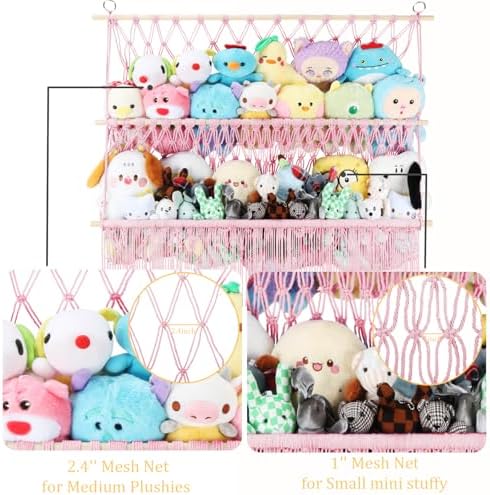 2 Tier Stuffed Animal Storage Shelf Net 35x30'' Large Stuffy Storage Pink - Image 3