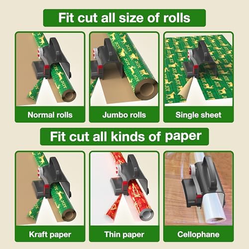 Wraprocut (2-Pack) Wheel Wrapping Paper Cutter & Tape Dispenser with 4 Tapes，2 Replace Blades Kit for Christmas Gift Wrap Cutter Tool Paper Roll Holder Tube Sliding Slicing for Birthday Holiday. - Image 5