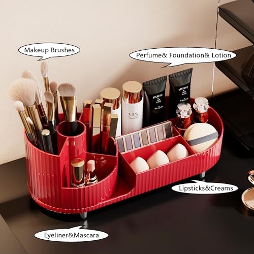 Rotating Makeup Organizer for Vanity with Brush Holder, Cosmetic Makeup Storage Organizer, Large Spinning Makeup Skincare Organizer, Countertop Makeup Perfume Organizer, Lotions Display Case Red - Image 3