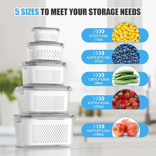damynuo 5 Pack Fruit Storage Containers for Fridge with Colander, Vent, Lid - Image 2