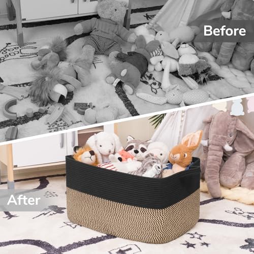 Goodpick 75L Large Woven Blanket Basket, 22" x 17" x 12", Black & Jute - Image 7