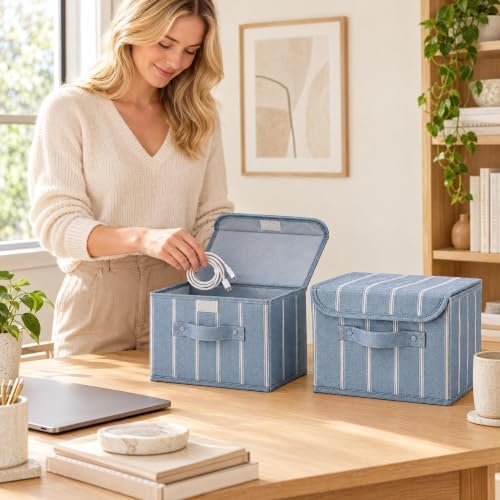 Decorative Linen Storage Boxes with Lids - Spacious Set of 2 Organizer Bins - Image 7