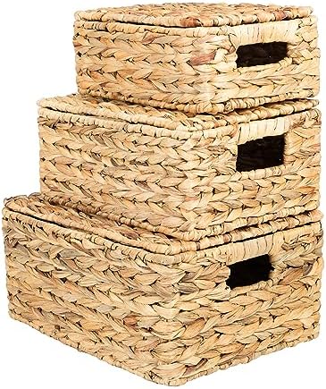 Wicker Storage Baskets, Hand-Woven Rectangular Wicker Basket with Lid for Bedroom & Living Room, Nesting Rattan Basket for Shelves (Water Hyacinth, 3-Pack) by OEHID