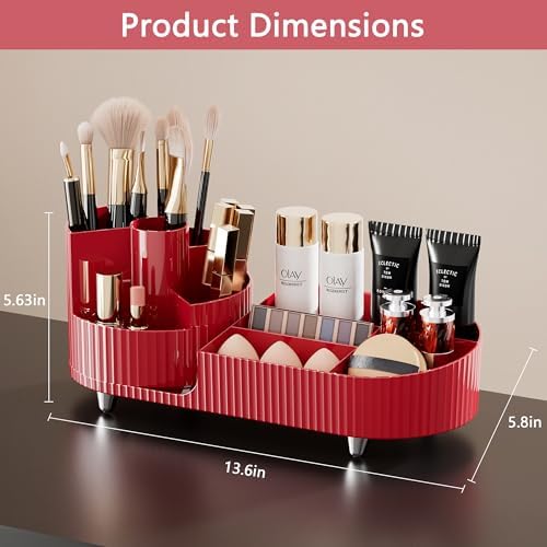 Rotating Makeup Organizer for Vanity with Brush Holder, Cosmetic Makeup Storage Organizer, Large Spinning Makeup Skincare Organizer, Countertop Makeup Perfume Organizer, Lotions Display Case Red - Image 2