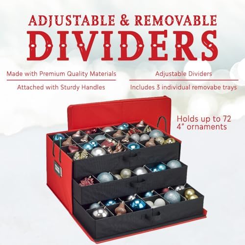 HOLDN’ STORAGE Christmas Ornament Storage Box with Dividers, Holds Up to 72 Ornaments (4 Inches), Large Organizer with 3 Stackable Trays - Red - Image 7